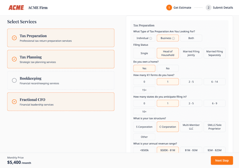 PricingLink interactive pricing configurator showing clear options